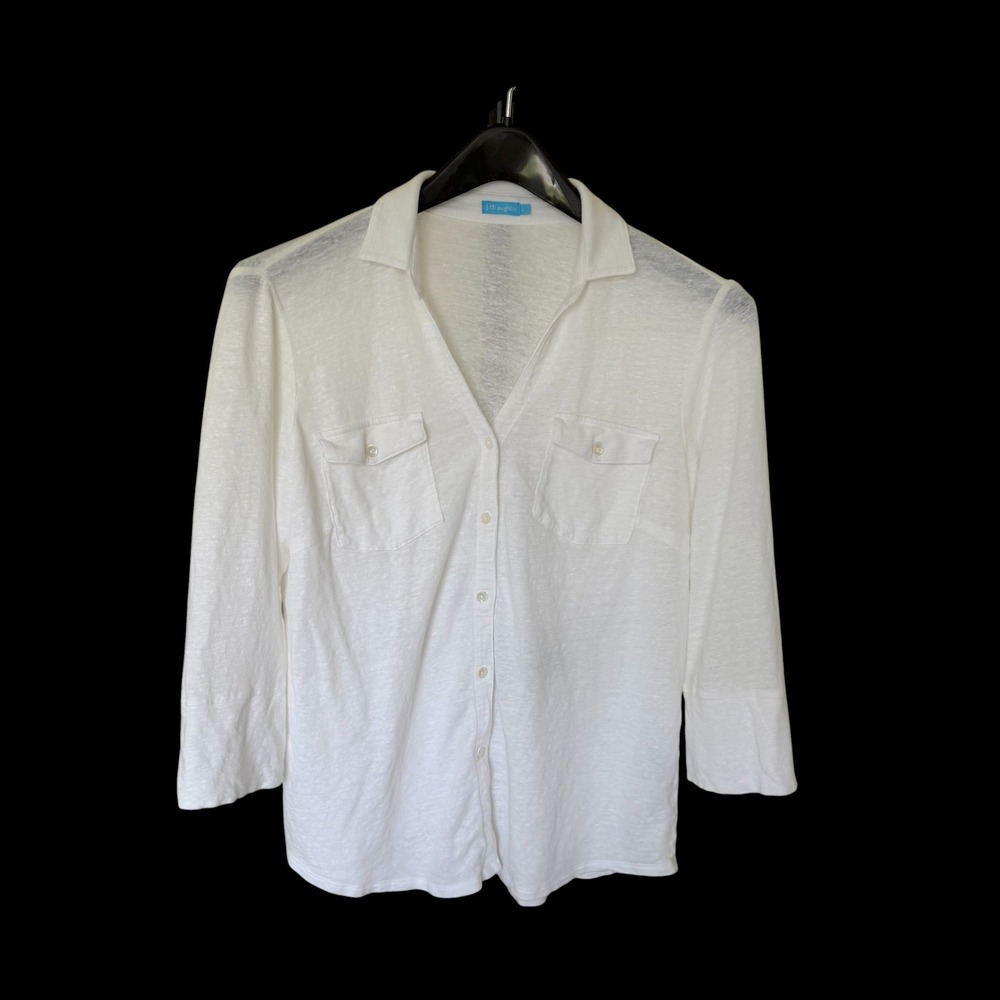 J.McLaughlin White Linen Blend Button Down Shirt 3/4 Sleeve ABF83 L Distressed